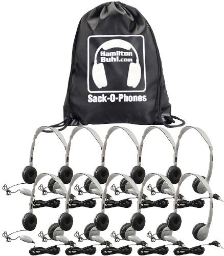 HamiltonBuhl SOP-MS2LV Sack-O-Phones with (10) MS2LV Personal Headphones with Leatherette Ear Cushions and Volume in a (1) Sack-O-Phone Carry Bag, Replaceable Leatherette Cushions, Automatic Stereo/Mono Smart, 1/8
