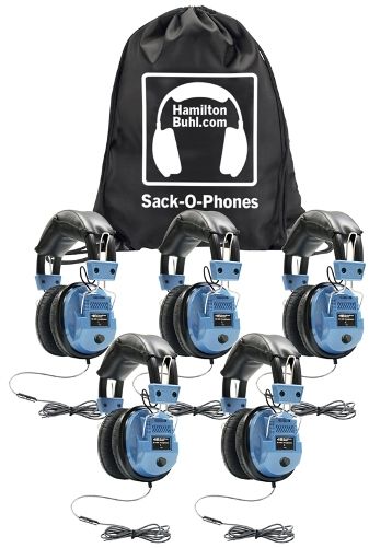 HamiltonBuhl SOP-SCAMV Sack-O-Phones with (5) SC-AMV Deluxe Apple Compatible Headphones with Microphone and (1) Sack-O-Phone Carry Bag, In-Line Volume Control, 40mm Neodymium Speaker Drivers, Frequency Response 20-20000 Hz, Impedance 32 Ohms, Sensitivity 105DB+/-4DB, Max. Input 100MV, 1 /8