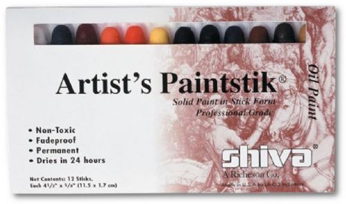 Shiva SP121502 Paintstik, Oil Paint Artist Color 12-Piece Professional Set; Made from refined linseed oil blended with a quality pigment and solidified into a convenient stick form for a rich, creamy, buttery consistency; Ideal for sketching, outlining, or covering large areas and colors are mixable; Can be spread or blended and used in conjunction with conventional oil paint; UPC 717304062282 (SHIVASP121502 SHIVA SP121502 SP 121502 SHIVA-SP121502 SP-121502)