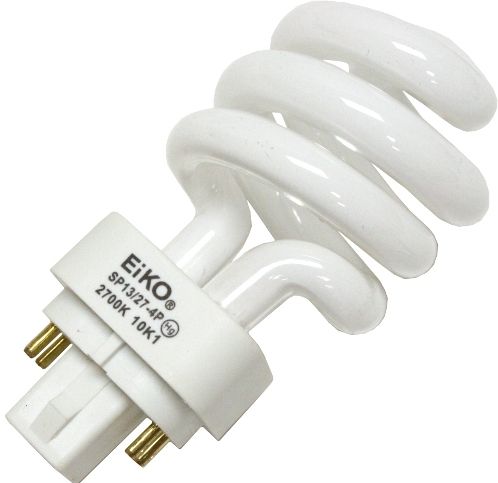 Eiko SP13/27-4P model 05251 Twist Pin Base Compact Fluorescent Light Bulb, 860 lumens Light Output, 13 watts Energy Used,10,000 hours Average Lifetime, 120 Volts, 4-Pin -GX24q-1 Base Type, Warm White Color / Finish, 2,700K Color Temperature, 82 CRI, 3.75