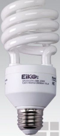 Eiko SP23/27K-DIM model 06396 Spiral Shaped Dimmable, 120 Volts, 23 Watts, 5.47/139 MOL in/mm, 2.44/62 MOD in/mm, 8000 Avg Life, E26 Medium Screw Base, 2700 Color Temperature, Std 100W Incandescent Replaces, 80 CRI, 1550 Approx Initial Lumens, UL/CSA, TCLP Compliant Approvals, 4 mg Mercury Content, UPC 031293063960 (06396 SP2327KDIM SP23 27K DIM SP23-27K-DIM EIKO06396 EIKO-06396 EIKO 06396)