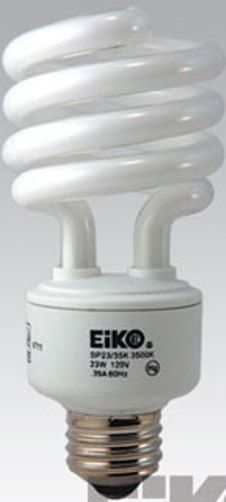 Eiko SP23/27K model 49325 Spiral Shaped, 120 Volts, 23 Watts, 4.96/126 MOL in/mm, 2.36/60.0 MOD in/mm, 10,000 Avg Life, E26 Medium Screw Base, 4100 Color Temperature, Std 100W Incandescent Replaces, 82 CRI, 1472 Approx Initial Lumens, -18C min Operating Temperature, TCLP Compliant Approvals, Less than 4 mg Mercury Content (49325 SP2327K SP23-27K SP23 27K EIKO49325 EIKO-49325 EIKO 49325)