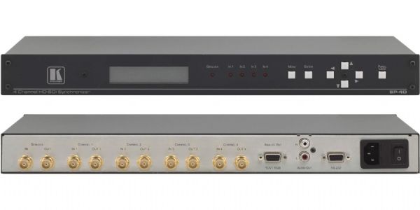 Kramer SP-4D Model 4Channel HDSDI Synchronizer; HDTV Compatible; MultiStandard Operation SDI(SMPTE 259M and SMPTE 344M) and HDSDI (SMPTE 292M); Inputs SD, ED and all HD (up to 1080i/60 and 1080p/30), with automatic standard detection; Frame Rate Conversion Does not change the video resolution; Genlock 1 dedicated SDI genlock input with active loop output, common to all four channels or taken from any specific channel (SP4D KRAMER SP-4D KRAMER SP 4D)