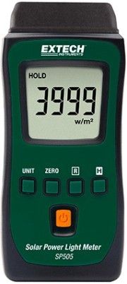 Extech SP505 Pocket Solar Power Meter, Measure Solar Power Light Level in Watts Per Square Meter (W/m) or BTU (ft*h), Built-in Solar Light Sensor with Precision Photo Diode, Zero Function, Data Hold Freezes Current Reading On Display, Tripod Mount, Complete with Two AAA Batteries and a Pouch, UPC 793950485057 (SP-505 SP 505)