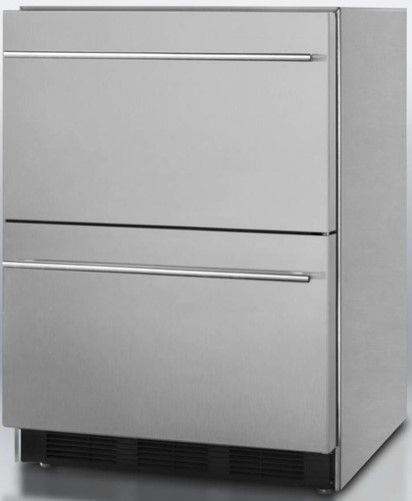Summit SP6DS2D7ADA Commercially Approved ADA Compliant Two-Drawer Stainless Steel Refrigeratorl for Built-in Use, 3.1 cu.ft. Capacity, Automatic defrost, Adjustable thermostat, Spring assisted rollers, Rapid chill compartment, Customizable drawer fronts, Holds two liter bottles, gallon containers, and wine bottles in 12 1/2