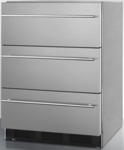 Summit SP6DSSTB7THIN Commercially Approved Three-drawer Refrigerator for Built-in Undercounter Use in Stainless Steel, 5.4 cu.ft. Capacity, Professional thin handles, Automatic defrost, Adjustable thermostat, Magnetic gaskets, Interior and Exterior Fan, 24.63