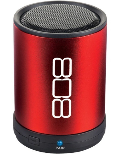 808 SP880RD Canz Bluetooth Wireless Speaker - Red; 30-foot wireless operating range; Bluetooth v2.1 (profile A2DP); LED pairing indicator, and pairing button; Includes: 1 CANZ speaker, USB charging cable and an Aux-in cable; Dimensions: 3.19 inches high by 2.36 inches wide; Warranty: 1 Year Limited Warranty; Color: Red; UPC 044476114762 (SP880RD SP-880RD)