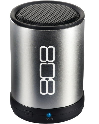 808 SP880SL Canz Bluetooth Wireless Speaker - Silver; 30-foot wireless operating range; Bluetooth v2.1 (profile A2DP); LED pairing indicator, and pairing button; Includes: 1 CANZ speaker, USB charging cable and an Aux-in cable; Dimensions: 3.19 inches high by 2.36 inches wide; Warranty: 1 Year Limited Warranty; Color: Silver; UPC 044476114748 (SP880SL SP-880RSL)