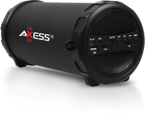 Axess SPBT1031-BK Portable Bluetooth Indoor/Outdoor 2.1 Hi-Fi Cylinder Loud Speaker with SD Card, USB, AUX And FM Inputs, Black Color; 3-inch (76.2mm) Subwoofer and 2-inch (50.8mm) Horn; 32 ft (10 meters) operating range; Secure simple pairing for user-friendly operating; Aux Line-in function: Suitable for PC, MID, TV and other audio devices; Side panel control for volume, strap for easy portability; UPC  818443012906 (SPBT1031BK SPBT1031-BK SPBT1031-BK)