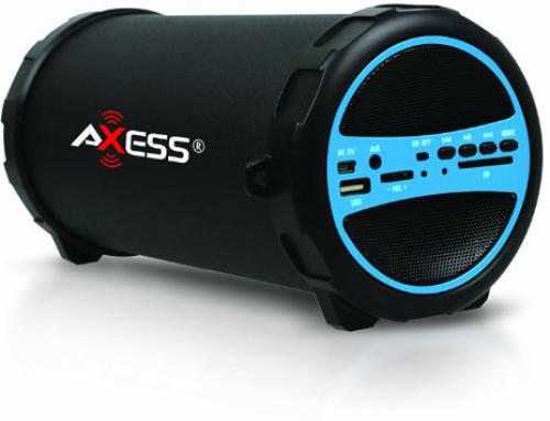 Axess SPBT1031-BL Portable Bluetooth Indoor/Outdoor 2.1 Hi-Fi Cylinder Loud Speaker with SD Card, USB, AUX And FM Inputs, Blue Color; 3-inch (76.2mm) Subwoofer and 2-inch (50.8mm) Horn; 32 ft (10 meters) operating range; Secure simple pairing for user-friendly operating; Aux Line-in function: Suitable for PC, MID, TV and other audio devices; Side panel control for volume, strap for easy portability; UPC  818443012913 (SPBT1031BL SPBT1031-BL SPBT1031-BL)