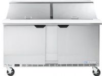 Beverage Air SPE60HC-24M Two Door Mega Top Refrigerated Sandwich Prep Table -60", 17.1 cu. ft. Capacity, 9.6 Amps, 60 Hertz, 1 Phase, 115 Voltage, 24 Pans 1/6 Size Pan Capacity, 1/3 HP Horsepower, 2 Number of Doors, 4 Number of Shelves, 33° - 40° Degrees F Temperature Range, 60" W x 10" D Cutting Board Dimensions, 60" Nominal Width, Bottom Mounted Compressor Location (SPE60HC-24M SPE60HC 24M SPE60HC24M) 