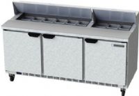 Beverage Air SPE72HC-18 Elite Series 3 Door Refrigerated Sandwich Prep Table - 72", 21.5 cu. ft. Capacity, 9.6 Amps, 60 Hertz, 1 Phase, 115 Voltage, 18 Pans - 1/6 Size Pan Capacity, 1/3 HP Horsepower, 3 Number of Doors, 6 Number of Shelves, 33° - 40° F Temperature Range, 72" Nominal Width, Bottom Mounted Compressor Location, Side / Rear Breathing Compressor Style, 68" x 19" D x 23" H Interior Dimensions (SPE72HC-18 SPE72HC 18 SPE72HC18) 