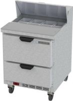 Beverage Air SPED27HC-B Elite Series 27" 2 Drawer Refrigerated Sandwich Prep Table, 7.3 cu. ft. Capacity, 4 Amps, 60 Hertz, 1 Phase, 115 Voltage, 8 Pans - 1/6 Size Pan Capacity, 1/6 HP Horsepower, 2 Number of Drawers, 33° - 40° Degrees F Temperature Range, 27" Nominal Width, 27" W x 10" D Cutting Board Dimensions, Bottom Mounted Compressor Location, Side / Rear Breathing Compressor Style (SPED27HC-B SPED27HC B SPED27HCB) 