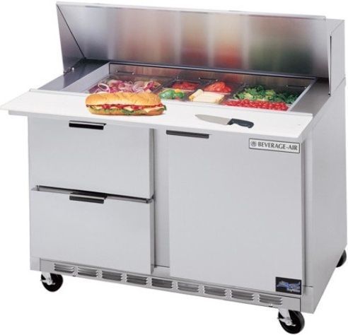 Beverage Air SPED48-12-2 Refrigerated Salad/Sandwich Prep Table With 1 Door, 2 Drawers, 5.0 Amps, 12 - 1/6 Pans, 13.9 Cubic Feet, 1/4 Horsepower, 2 Number of Drawers, 1 Number of Doors, Doors/Drawers Access Method, Bottom Compressor Location, Solid Door Type, 60 Hertz, 60 Hertz, 1 Phase, 115 Voltage, 41.69