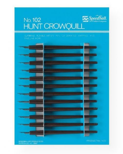 Speedball 102C #102 Crow Quill Pen Nibs & Holders; Contains 12 pens and pen holders for sketching, drawing, and calligraphy; Blister-carded; #102 crow quill; Shipping Weight 0.31 lb; Shipping Dimensions 6.00 x 6.00 x 1.00 in; UPC 651032094323 (SPEEDBALL102C SPEEDBALL-102C DRAWING SKETCHING)