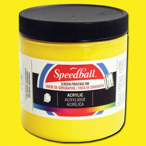 Speedball 4623 Acrylic Screen Printing Medium Yellow, 8 oz; Brilliant colors for use on paper, wood, and cardboard; Cleans up easily with water; Non-flammable, contains no solvents; AP non-toxic, conforms to ASTM D-4236; Can be screen printed or painted on with a brush; Archival qualities; 8 oz. Medium Yellow; Dimensions 2.88
