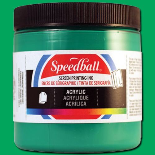 Speedball 4634 Acrylic Screen Printing Emerald Green, 8 oz; Brilliant colors for use on paper, wood, and cardboard; Cleans up easily with water; Non-flammable, contains no solvents; AP non-toxic, conforms to ASTM D-4236; Can be screen printed or painted on with a brush; Archival qualities; 8 oz. Emerald Green; Dimensions 2.88