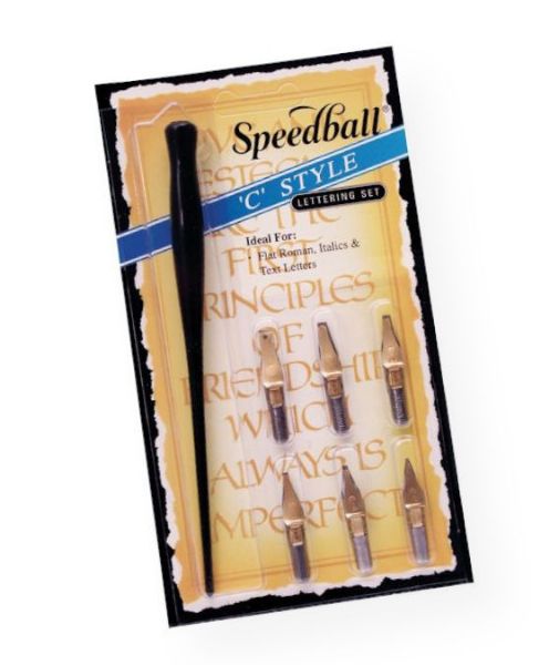 Speedball H2957 C-Style Lettering Set; Includes a Speedball penholder and six C-style pens that are ideal for Roman Gothic alphabets, italic alphabets, accented line drawings, scrolls, and scripts; Shipping Weight 0.05 lb; Shipping Dimensions 7.62 x 4.45 x 0.5 in; UPC 651032029578 (SPEEDBALLH2957 SPEEDBALL-H2957 H2957 LETTERING CALLIGRAPHY)
