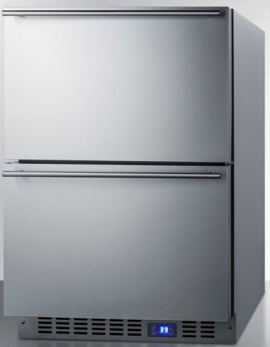 Summit SPR627OS2D Commercially Approved Two-drawer Outdoor Refrigerator for Built-in Residential or Commercial use in Stainless Steel, 3.4 cu.ft. Capacity, Weatherproof design, Digital thermostat, LED lighting, Professional handles, Open drawer alarm, Temperature alarm, Sabbath Mode, Automatic defrost, Internal fan (SPR-627OS2D SPR 627OS2D SPR627OS SPR627)