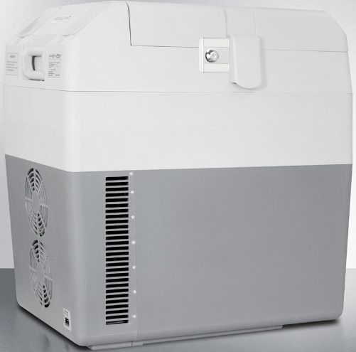 Summit SPRF36M Portable 12V/24V Cooler Capable of Operating at -18C or Standard Refrigerator Temperatures, Gray; 1.0 cu.ft. Capacity; Lift-Up Door Swing; Plug into a 12V DC lighter socket in any car, truck, RV or boat; Interior offers 30 liters of capacity; AC Adapter included; Factory installed lock; Digital thermostat; Hammered aluminum interior (SPRF-36M SPRF 36M SPR-F36M SPRF36)