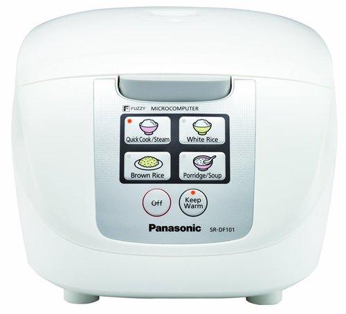 Panasonic SR-DF181 Microcomputer Controlled / Fuzzy Logic Rice Cooker with One Touch Cooking; Uncooked Rice Capacity up to 10 Cups; White Color; Inner Pan: Gray Non-stick Coated Aluminum; Pushbutton Lid Cover; Microcomputer Controlled with Fuzzy Logic Cooking; Automatic Shutoff; Lid Heater/Side Heater (12H) Keep Warm Time; Indicator Light(s); One-Touch; UPC 885170090026 (SRDF181 SR-DF181)