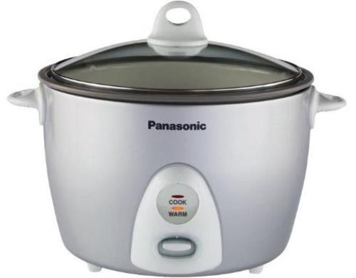 Panasonic SR-G18FG Automatic Rice Cooker with Steaming Basket; Uncooked Rice Capacity 10 Cups; Silver Color; Inner Pan: Non-stick Coated Aluminum; Glass Lid Cover; Automatic Cooking; Automatic Shutoff; 4 hrs. Keep Warm Time; Indicator Light(s); One-Touch Button Display Panel; Domed Top; 120 AC; 60Hz. Power Supply; Measuring Cup, Rice Scoop, Steaming Basket Included Accessories; Detachable Power Cord; UPC 037988959365 (SRG18FG SR-G18FG)