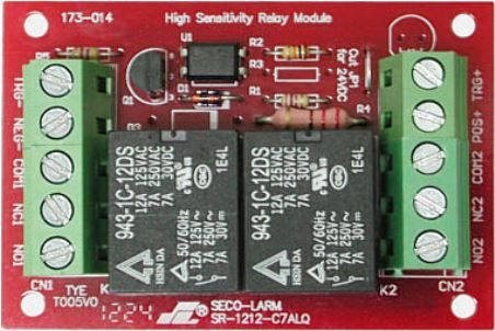 Seco-Larm SR-1212-C7ALQ ENFORCER Relay Module, 3~24VDC Low Trigger Voltage, High Sensitivity 1mA Trigger, Low Current Drain 60mA, Two 7A Form C SPDT Relays, For any application where relays are required, Relays are pre-wired to easy-to-install module, Screw terminals allow easy installation without soldering or other time-consuming connections (SR1212C7ALQ SR1212-C7ALQ SR-1212C7ALQ) 