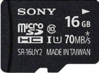 Sony SR16UY2A/TQ Class 10 microSDHC UHS-I 16GB Memory Card; For use with smartphone, tablet, camera, PC or POV cameras; Up To 70 MB/s Transfer Speed; Water / Dust / Temp / UV / Static Proof; Downloadable File Rescue Software; Includes supplied adapter for use in SDHC compatible devices; UPC 027242890787 (SR16UY2ATQ SR16UY2A-TQ SR-16UY2A/TQ) 