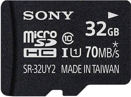 Sony SR32UY2A/TQ Class 10 microSDHC UHS-I 32GB Memory Card; For use with smartphone, tablet, camera, PC or POV cameras; Up To 70 MB/s Transfer Speed; Water / Dust / Temp / UV / Static Proof; Downloadable File Rescue Software; Includes supplied adapter for use in SDHC compatible devices; UPC 027242890794 (SR32UY2ATQ SR32UY2A-TQ SR-32UY2A/TQ)