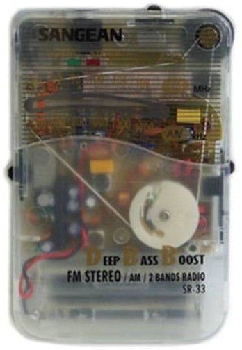 Sangean SR-33 also called SR33-CL Clear Case Prison Portable Radio, 2.8 x 4 x 0.8 in, Analog AM/FM Radio Tuning, Stereo FM Receiption, Deep Bass Boost, Uses 2 AAA Batteries not included, Fits in your pocket, Includes Stereo Ear Buds, Built in Belt Clip on the back of the radio, Stereo-Mono Switch, Green LED for tuning, Red LED for Stereo (SR33-CL SR33CL SR33 SR 33 CL 33CL SR-33CL SR-33-CL)