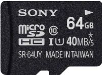 Sony SR64UYA/TQM microSDHC UHS-1 64GB Class 10 Memory Card; Up to 40 MB/s transfer speed; File Rescue downloadable software; Use supplied adapter to use for your digital camera or transfer files to computer; Include waterproof, dust-proof, temperature proof, UV guard and Anti-static; Dimensions Approx. 5.32 x 3.27 x 0.16 in; Weight Approx. 0.025 lbs; UPC 027242869530 (SR64UYATQM SR64UYA-TQM SR-64UYA/TQM SR64UYA TQM) 