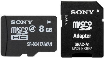 Sony SR8A4 microSD 8GB Memory Card with SD Adaptor; Compatible mobile phone or device with the microSDHC memory card; Providing extra storage, you can easily transfer, share and store your photos, videos, music, data, documents and software applications; UPC 027242864191 (SR-8A4 SR 8A4 SR8-A4)