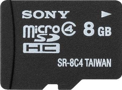 Sony SR8A4/TQMN microSDHC 8GB Memory Card, Class 4, Up to 15MB/s transfer speed, Compatible with Micro SDHC devices, Includes supplied adapter for use in SDHC compatible devices, Water, dust and temperature resistance, File Rescue software, UPC 027242864191 (SR8A4TQMN SR8A4-TQMN SR8A4 TQMN)