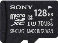 Sony SRG1UY2A/TQ Class 10 microSDHC UHS-I 128GB Memory Card; For use with smartphone, tablet, camera, PC or POV cameras; Up To 70 MB/s Transfer Speed; Water / Dust / Temp / UV / Static Proof; Downloadable File Rescue Software; Includes supplied adapter for use in SDHC compatible devices; UPC 027242890817 (SRG1UY2ATQ SRG1UY2A-TQ SR-G1UY2A/TQ) 