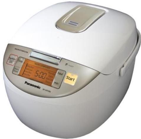 Panasonic SR-MS102 Fuzzy-Logic 5-Cup Rice Cooker, Various menu options, 12-hour keep-warm mode, 24-hour clock/timer, Auto shut-off, Binchotan-type black pan for better tasting rice, Large orange LCD read-out, Steam basket, measuring cup, rice scoop, UPC 37988680146 (SR MS102 SRMS102)