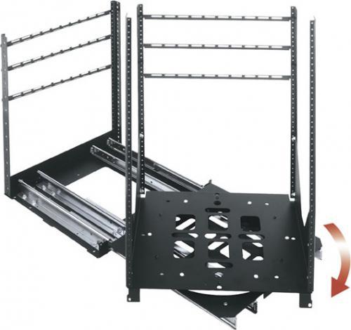 MIDDLEATLANTICSRSRX21 Rotating Pull-Out Rack System 21U; Removable rack frame allows in-shop integration and on-site installation of equipment; Locks in the extended position for simplified equipment integration; Rotating equipment bay locks in place at 0 degrees, 60 degrees and 90 degrees for easy installation and servicing; Self-centering mounting base makes it simple to align system within cabinet opening; Finish Type: Flat Black Powder Coat; RoHS: Yes; UPC 656747047411 (MIDDLEATLANTICSRSRX21