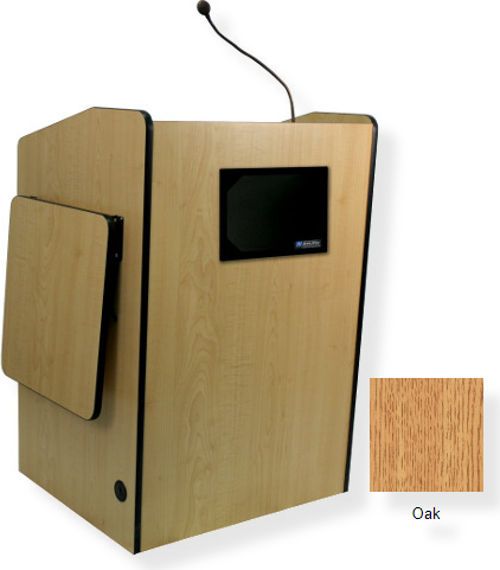 Amplivox SS3235 Multimedia Presentation Podium with Sound, Oak; For audiences up to 1950 people and room size up to 19450 Sq ft; 150 watt multimedia stereo amplifier; Built-in 21