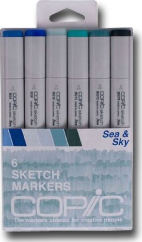Copic SSEASKY Sketch, 6-Color Sea And Sky Marker Set; The most popular marker in the Copic line; Perfect for scrapbooking, professional illustration, fashion design, manga, and craft projects; Photocopy safe and guaranteed color consistency; The Super Brush nib acts like a paintbrush both in feel and color application; UPC COPICSSEASKY (COPICSSEASKY COPIC SSEASKY COPIC-SSEASKY)