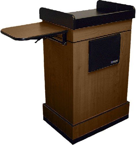 Amplivox SSG3230 Multimedia Computer Lectern with 20 in. Sensitive Electret Gooseneck Mic with Shock Mount, S805A Amplifier, Two Built-in Speakers, Walnut, 25-watts per channel, All integrated circuit design, Auxiliary input stereo jack, Line out jack for a tape recorder, 3,000 Maximum Audience Size, 25,000 sq. ft Maximum Room Size (SSG3230-WAL SSG3230WAL SSG-3230 SSG3230 SSG-3230 AMSSG3230)