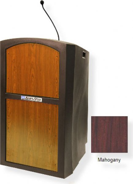 Amplivox ST3250 Pinnacle Multimedia Lectern with Microphone, Mahogany; Ready to add a sound system or plug into a house system; Built-in 21