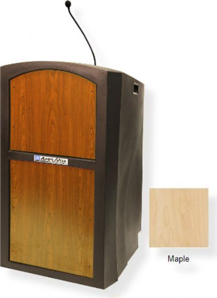 Amplivox ST3250 Pinnacle Multimedia Lectern with Microphone, Maple; Ready to add a sound system or plug into a house system; Built-in 21