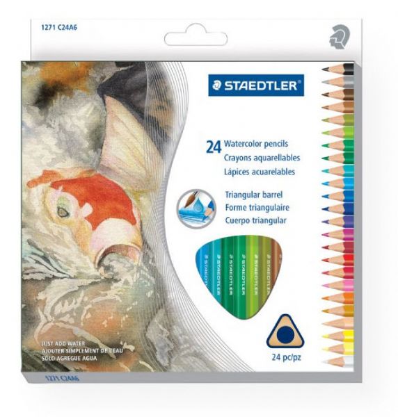 Staedtler 1271C24 Triangular Watercolor Pencils 24-Set; Smooth, color-intensive watercolor pencils for fine art and craft use; Can be used on watercolor paper and board; Pencils are water-soluble; brush with water for smooth color washes; Excellent blending quality; Easy to sharpen; AP Certified; Assorted colors; 24-Set; Shipping Weight 0.38 lb; Shipping Dimensions 0.5 x 7.5 x 8.00 in; UPC 031901950118 (STAEDTLER1271C24 STAEDTLER-1271C24 DRAWING)