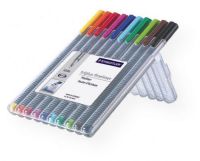 Staedtler 334SB10 Triplus Fineliner Pen 10-Color Set; Slim and lightweight with a 0.3mm superfine, metal-clad tip; Ergonomic, triangular-shaped barrel for fatigue-free writing; Dry-safe feature allows for several days of cap-off time without ink drying out; Acid-free; Packaged in reusable easel stand; UPC 031901935375 (STAEDTLER334SB10 STAEDTLER-334SB10 TRIPLUS-334SB10 SKETCHING DRAWING) 