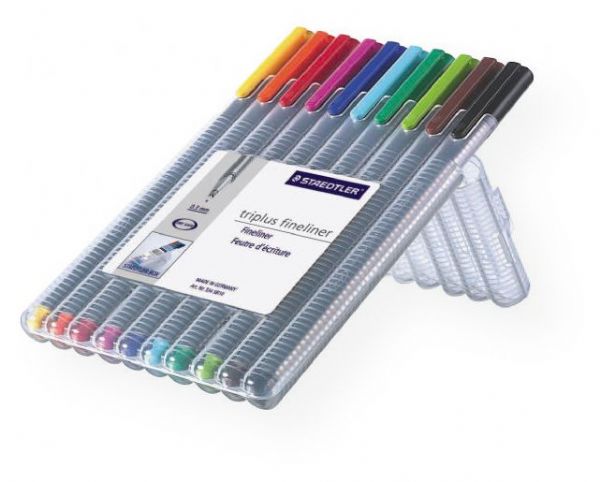 Staedtler 334SB10 Triplus Fineliner Pen 10-Color Set; Slim and lightweight with a 0.3mm superfine, metal-clad tip; Ergonomic, triangular-shaped barrel for fatigue-free writing; Dry-safe feature allows for several days of cap-off time without ink drying out; Acid-free; Packaged in reusable easel stand; UPC 031901935375 (STAEDTLER334SB10 STAEDTLER-334SB10 TRIPLUS-334SB10 SKETCHING DRAWING)