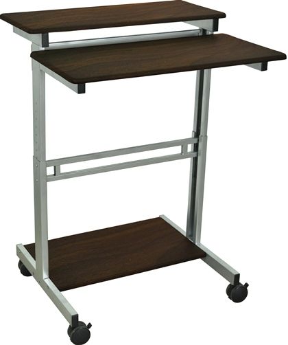 Luxor STANDUP-31.5-DW Stand Up Presentation Station, Walnut; Two-tiered shelf design allows for maximum flexibility to organize your workspace. Perfect companion for desktop, laptop or tablet computing; Mobile and adjustable to meet your everyday needs; Overall 31.5