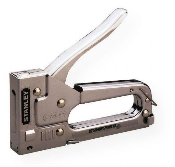 Stanley TR45 Sharpshooter Light-Duty Tacker Staple Gun; Perfect for everyday stapling needs around the home or office; Also good for stretching canvas; Lightweight with convenient handle lock; Includes quick clear mechanism with chrome-plated steel construction; Uses Stanley Sharpshooter light-duty staples; Blister-carded; Shipping Weight 3.00 lbs; Shipping Dimensions 7.00 x 9.00 x 1.00 inches; UPC 045731131517 (STANLEYTR45 STANLEY-TR45 TOOL STAPLING)