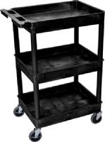 Luxor STC111-B Tub Cart with 3 Shelves, Black; Made of high density polyethylene structural foam molded plastic shelves and legs that won't stain, scratch, dent or rust; Retaining lip around the back and sides of flat shelves; Includes four heavy duty 4" casters, two with brake; Has a push handle molded into the top shelf; UPC 812552014059 (STC111B STC111 STC-111-B STC 111-B ST-C111-B) 