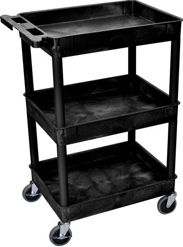 Luxor STC111-B Tub Cart with 3 Shelves, Black; Made of high density polyethylene structural foam molded plastic shelves and legs that won't stain, scratch, dent or rust; Retaining lip around the back and sides of flat shelves; Includes four heavy duty 4