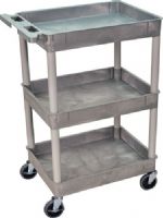 Luxor STC111-G Tub Cart with 3 Shelves, Gray; Made of high density polyethylene structural foam molded plastic shelves and legs that won't stain, scratch, dent or rust; Retaining lip around the back and sides of flat shelves; Includes four heavy duty 4" casters, two with brake; Has a push handle molded into the top shelf; UPC 812552014066 (STC111G STC111 STC-111-G STC 111-G ST-C111-G) 