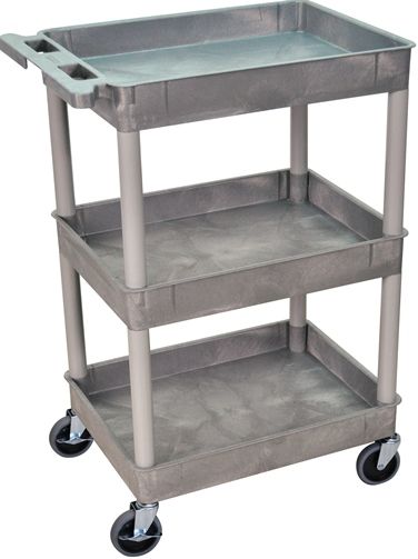 Luxor STC111-G Tub Cart with 3 Shelves, Gray; Made of high density polyethylene structural foam molded plastic shelves and legs that won't stain, scratch, dent or rust; Retaining lip around the back and sides of flat shelves; Includes four heavy duty 4